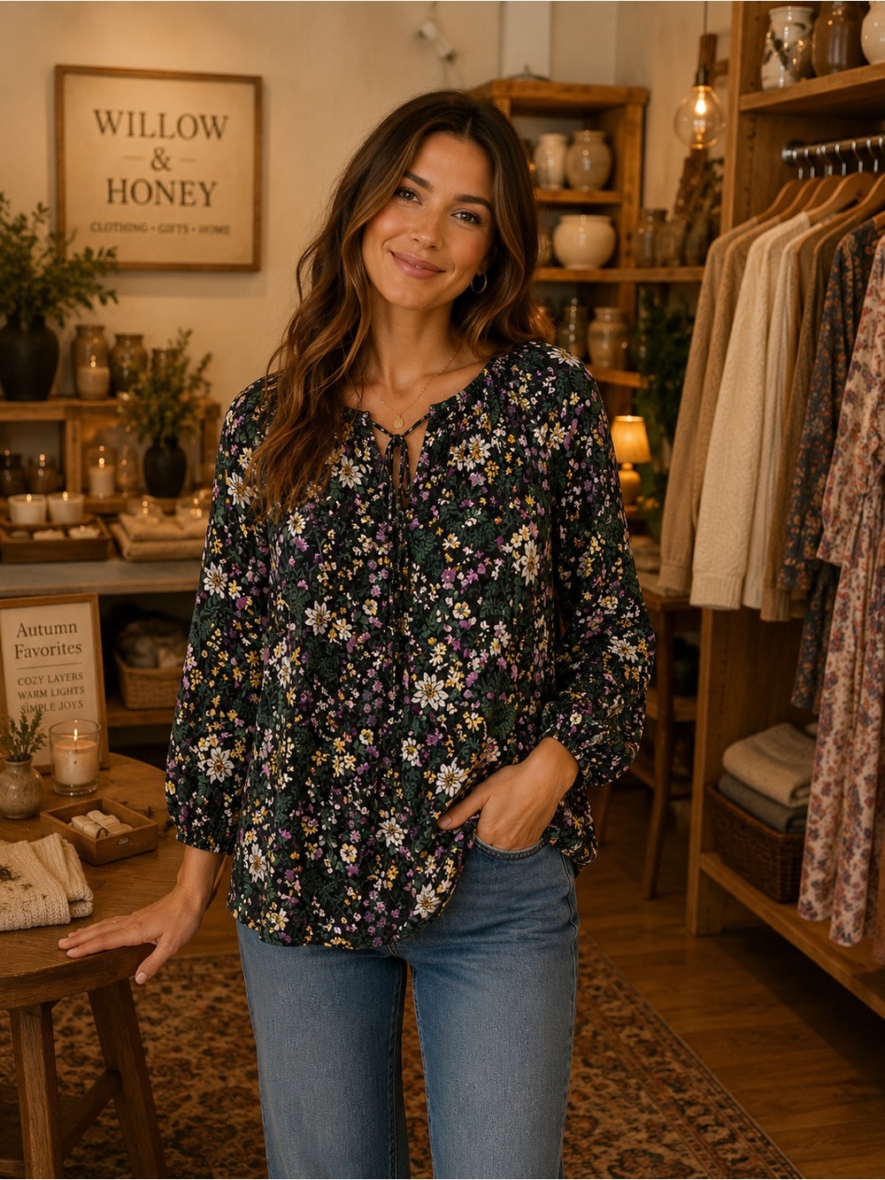 Old Navy Black Floral Tie-Neck Peasant Blouse EUC Size M